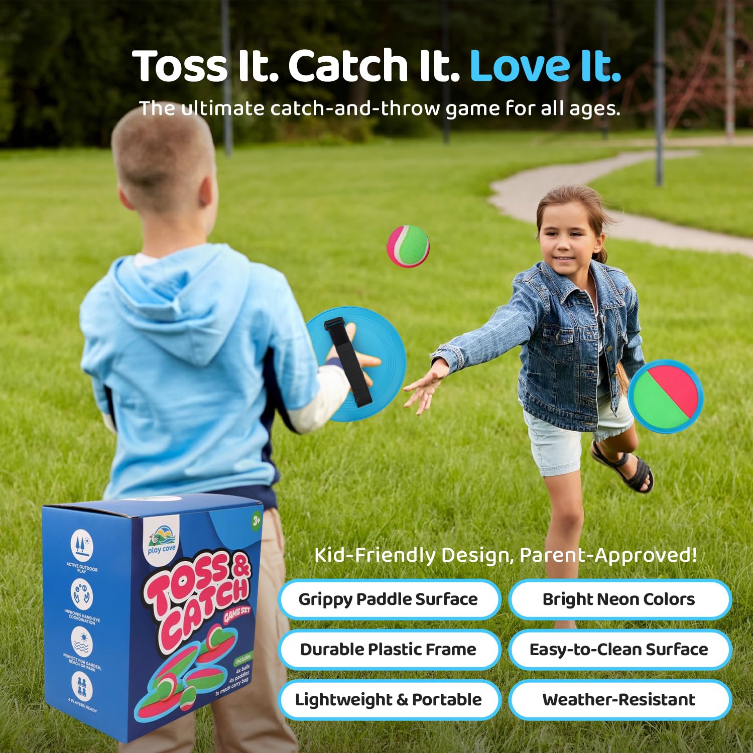 Toss and Catch Ball Set Kids Outdoor Toys for Ages 3+, Sticky Ball Catch Game for Families with 4 Paddle Sets - Image 4