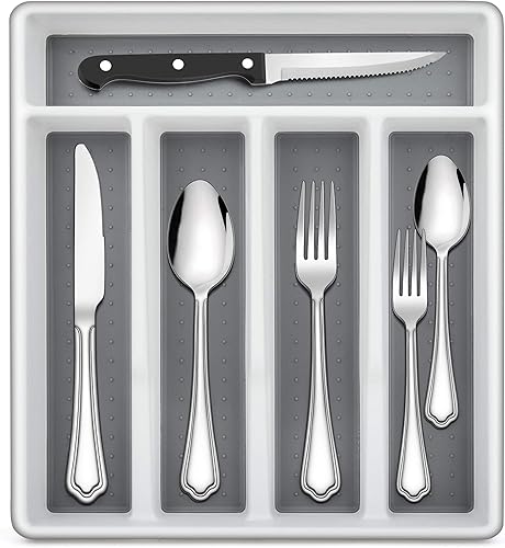 LIANYU Juego de cubiertos negros de 24 piezas con cuchillos para carne y bandeja organizadora, cubiertos de acero inoxidable para 4, utensilios de