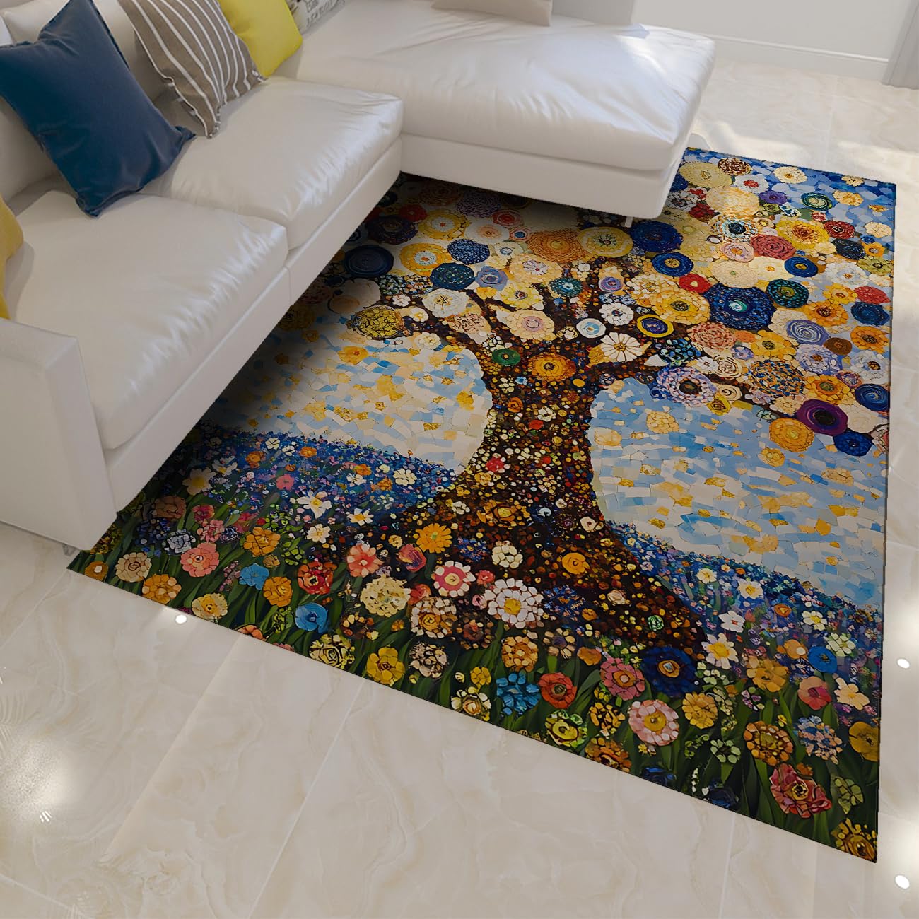 Tapis à motif d'arbre de vie coloré 160x200cm au style peinture à l'huile et texture bohème