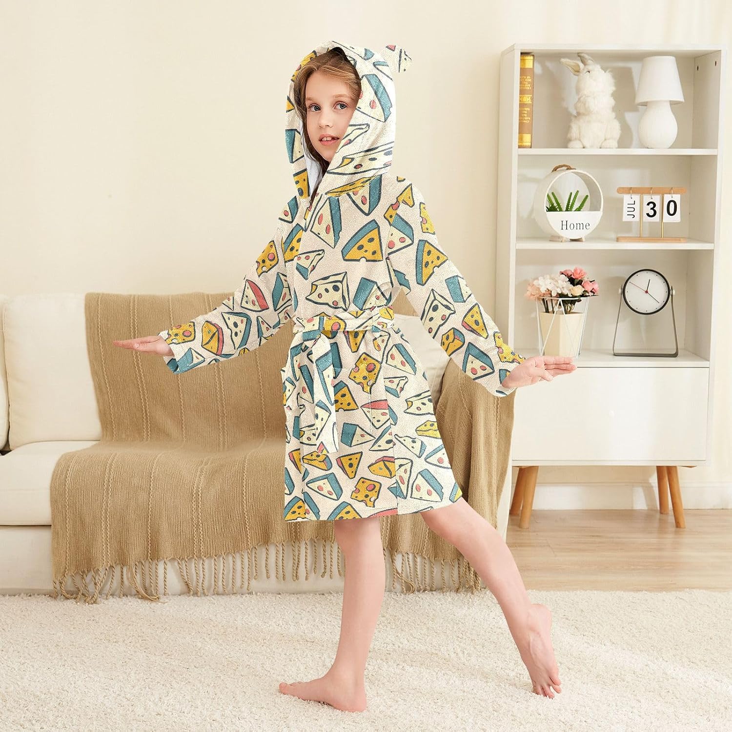 senya Cheese Pattern Toddler Hooded Bathrobe Kids Soft Plush Bath Towel Robes for Boys Girls 2-12 Years