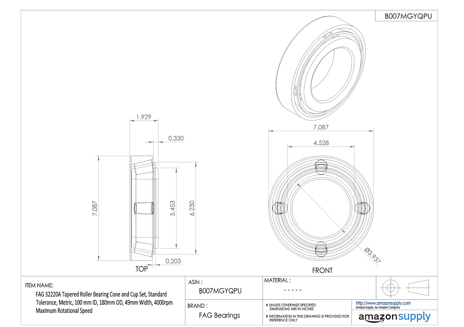FAG Bearings 32220A Tapered Roller Bearing Cone and Cup Set, Standard Tolerance, Metric, 100 mm ID, 180mm OD, 49mm Width, 4000rpm