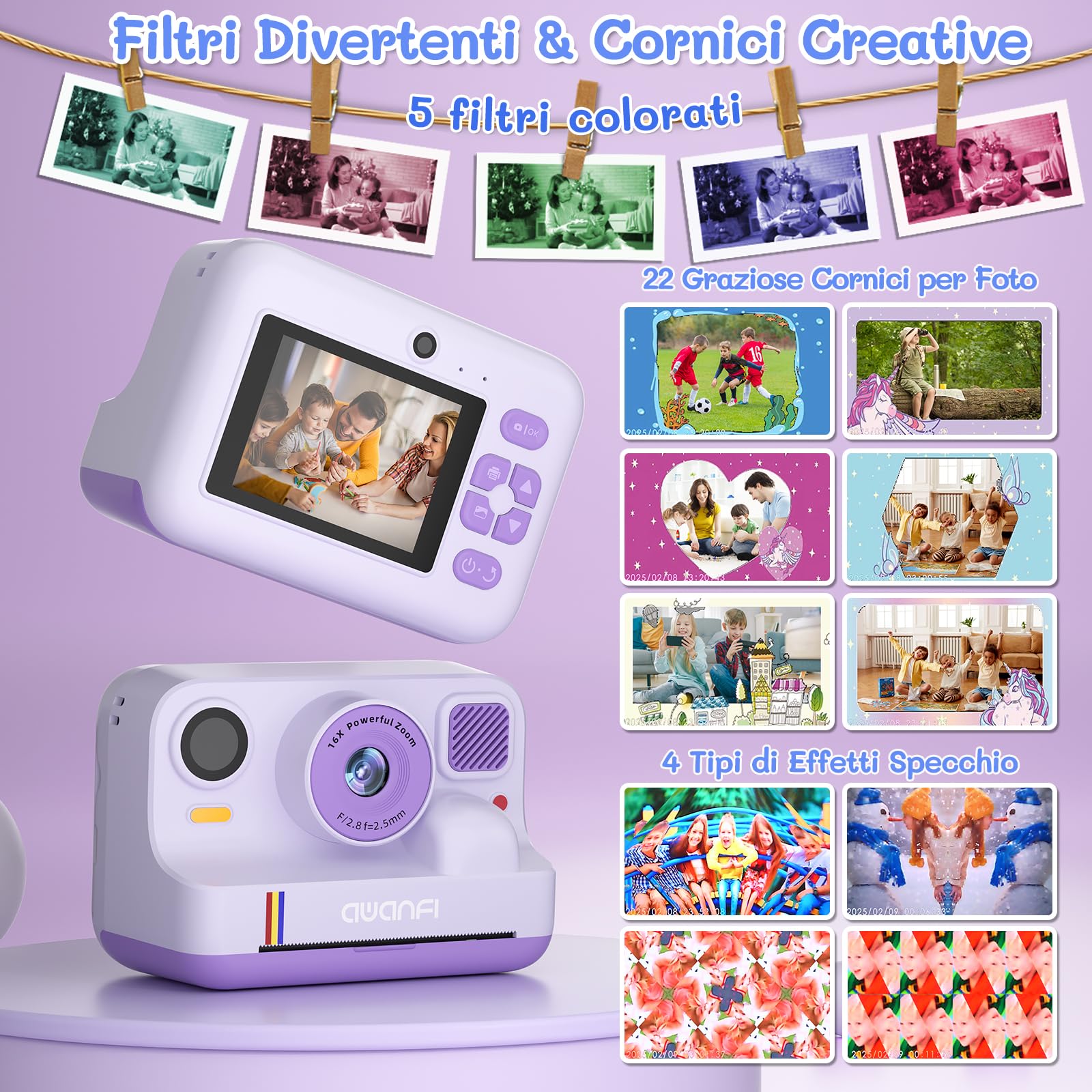 Macchina Fotografica Bambini Istantanea, 1080P Fotocamera Istantanea Bambino, 2.4 Pollici Fotocamera Digitale Bambini con Scheda da 32GB & Papier Photo, Regalo per Ragazze Ragazzi da 3-12 Anni