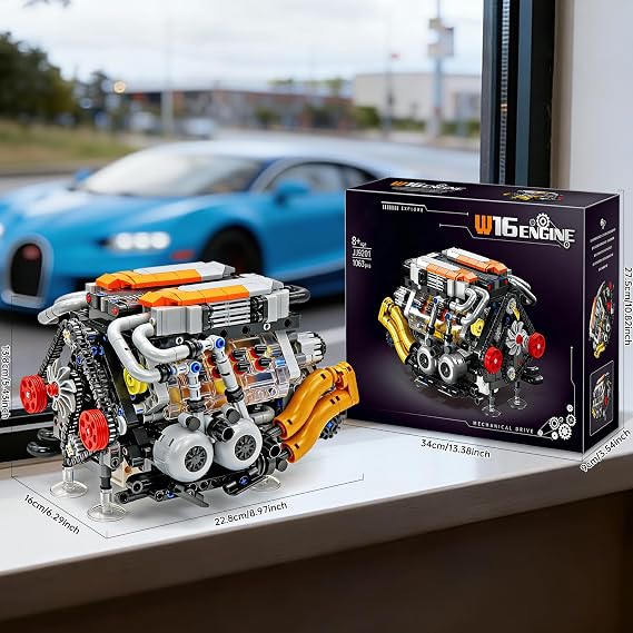V8 Engine Model Kit that Runs, Build Your Own Visible Car Motor W16 Building Set, 16-Cylinder with Rechargeable Motor, Physical Science Experiment Toy for Adults & Hobbyists 14+(1063 PCS)