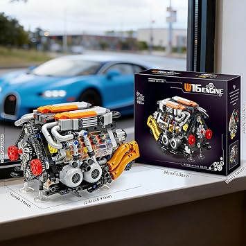 V8 Engine Model Kit that Runs, Build Your Own Visible Car Motor W16 Building Set, 16-Cylinder with Rechargeable Motor, Physical Science Experiment Toy for Adults & Hobbyists 14+(1063 PCS)