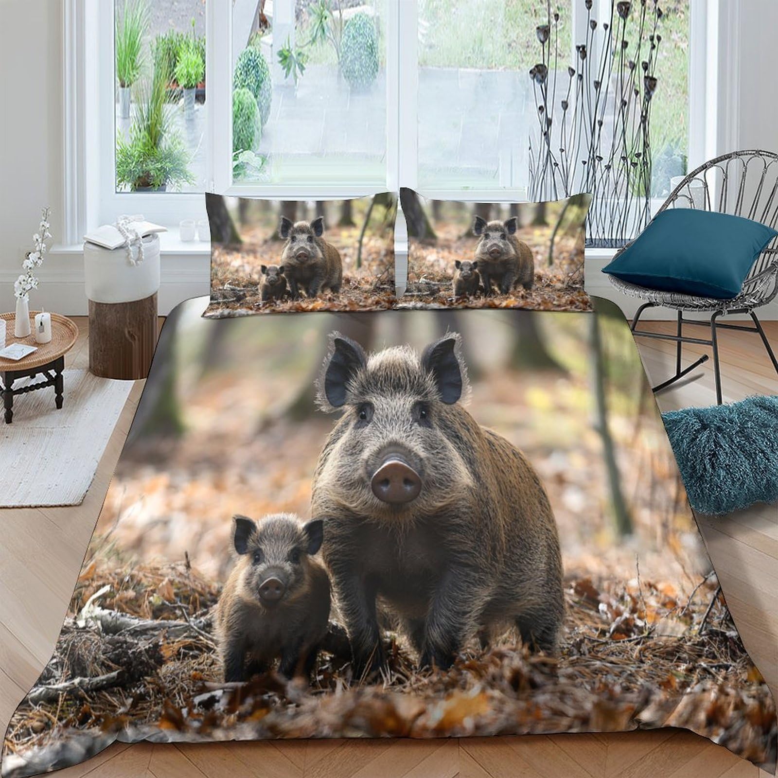 GPLZQXKJNH 3D Printed Wild Boar Forest Duvet Cover Set Microfiber Soft Breathable Woodland Bedding with 2 Pillowcases for Bedroom Decor Single（135x200cm）