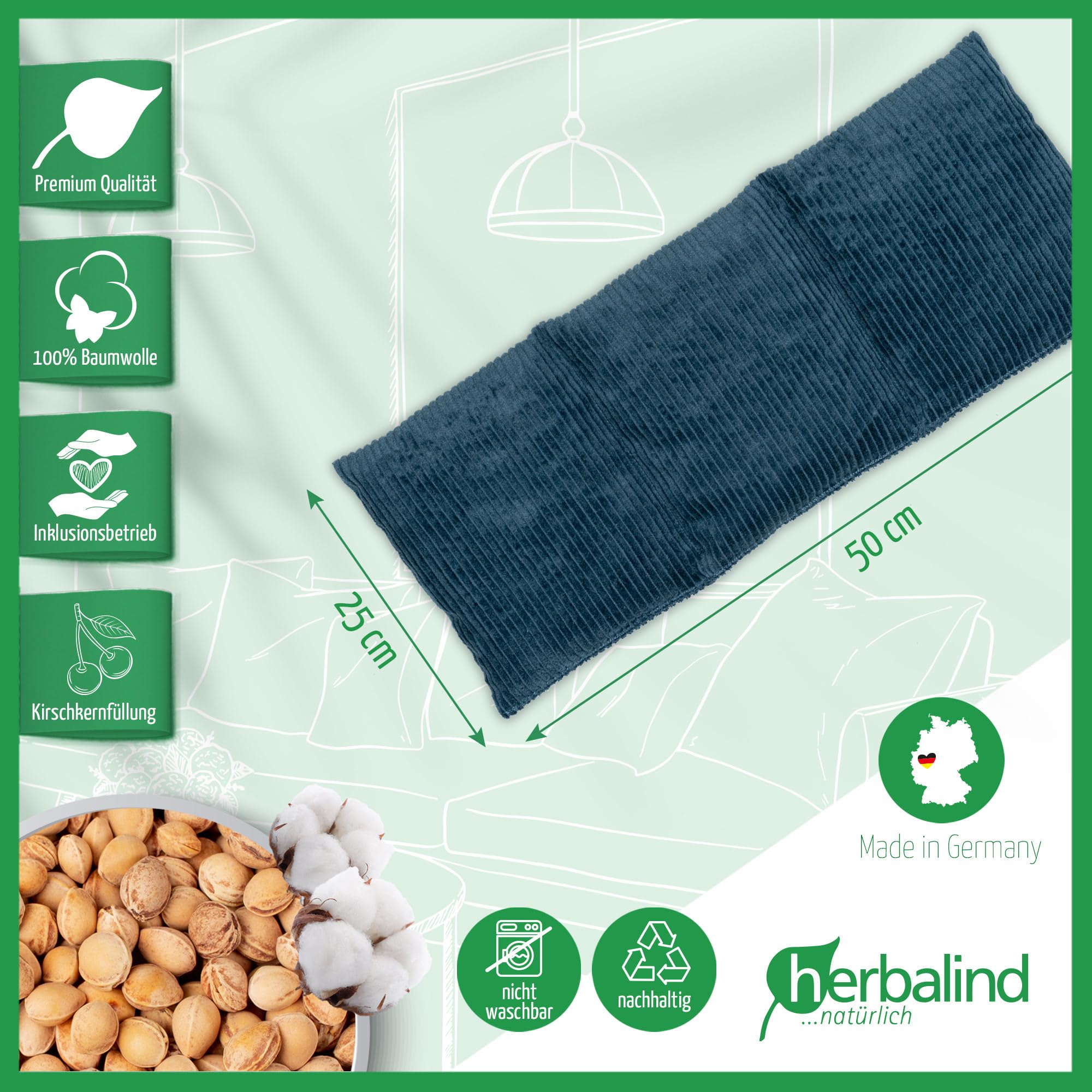 HERBALIND Robustes Kirschkernkissen Cord Premium 50x20cm 900g (L) - Handmade in Germany - Wärmekissen für Mikrowelle - 100% OEKO TEX Baumwolle für Erwachsene Kinder (Cordstoff, petrol)