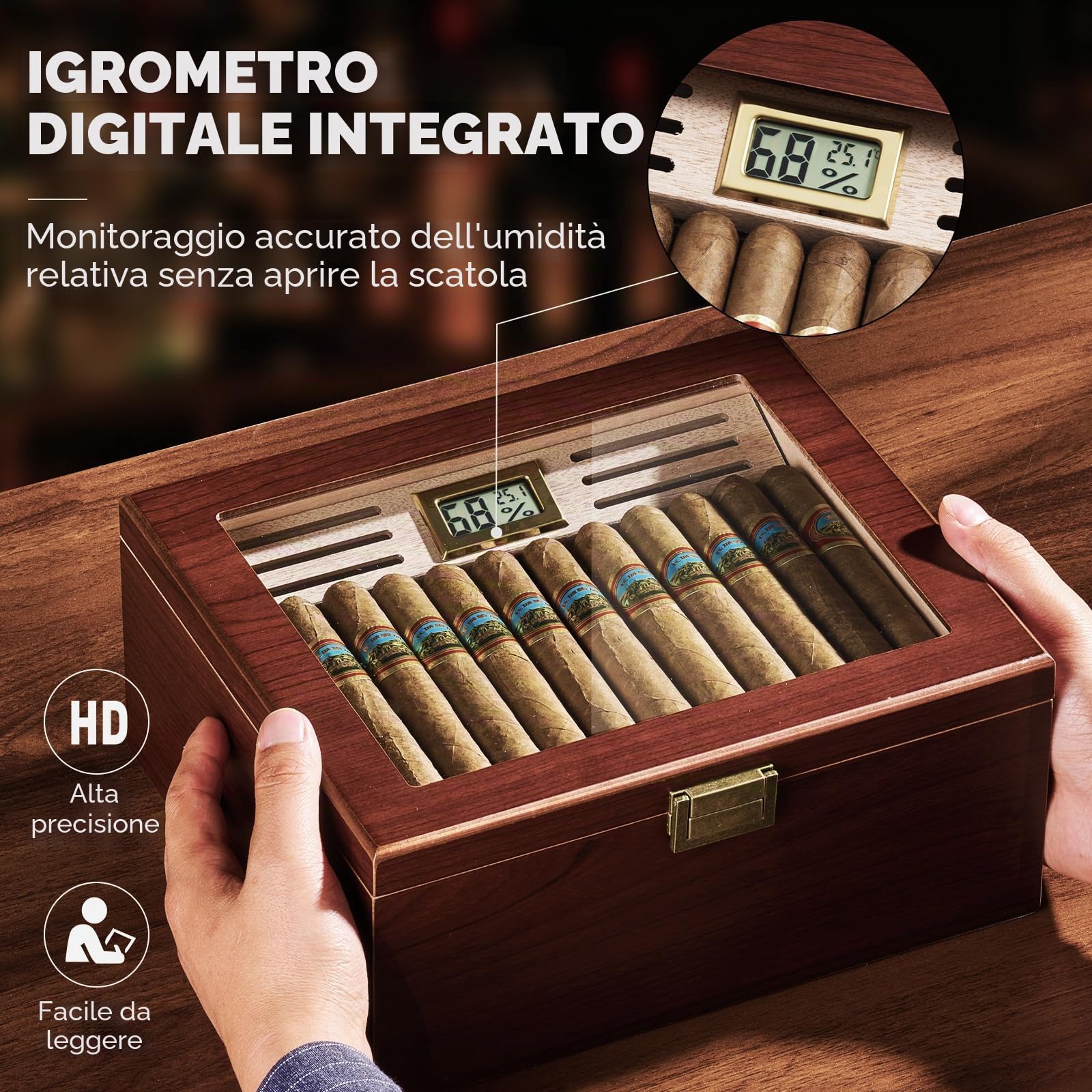 ProCase Humidor per Sigari con Igrometro Digitale e Umidificatore, Cofanetto con Interno in Legno di Cedro per 20-50 Sigari, Regalo per Uomo, Amante di Sigari Cubani -Large