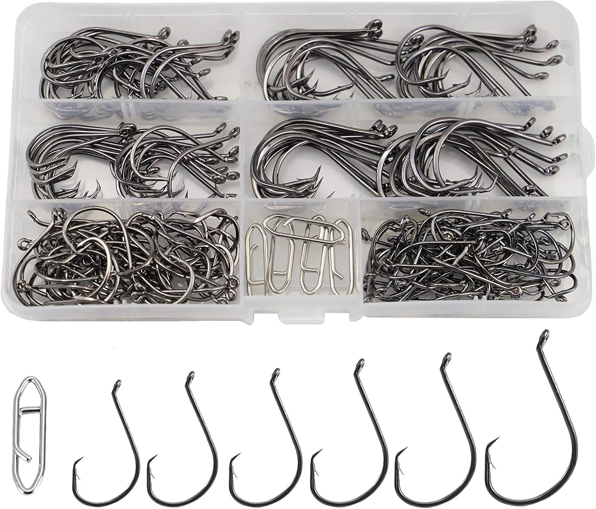 Anzuelos circulares para pesca de lubina, bagre, agua salada, 180 anzuelos de pesca con compensación de pulpo con 5 clips eléctricos | Anzuelos de pulpo, acero forjado, anzuelo de pesca para lubina, captura y liberación, tamaño 1/0 - 6/0