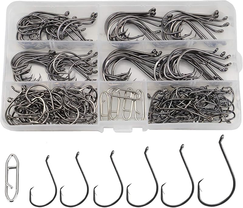 Anzuelos circulares para pesca de lubina, bagre, agua salada, 180 anzuelos de pesca con compensación de pulpo con 5 clips eléctricos | Anzuelos de pulpo, acero forjado, anzuelo de pesca para lubina, captura y liberación, tamaño 1/0 - 6/0