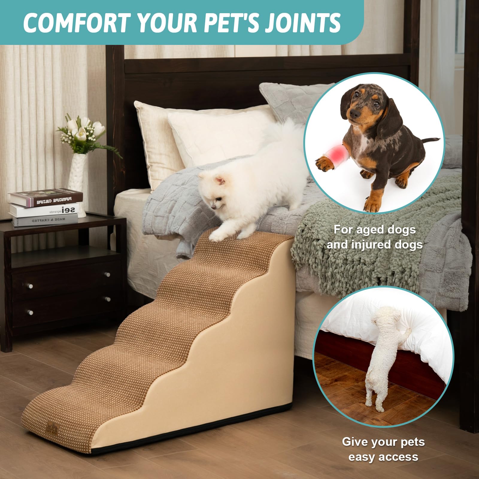 COZY KISS Hondentrap, huisdiertrap voor bed, bank en stoel, kattenhelling met wasbare overtrek en antislip onderkant, licht (Grijs, 40x84x57cm, 5