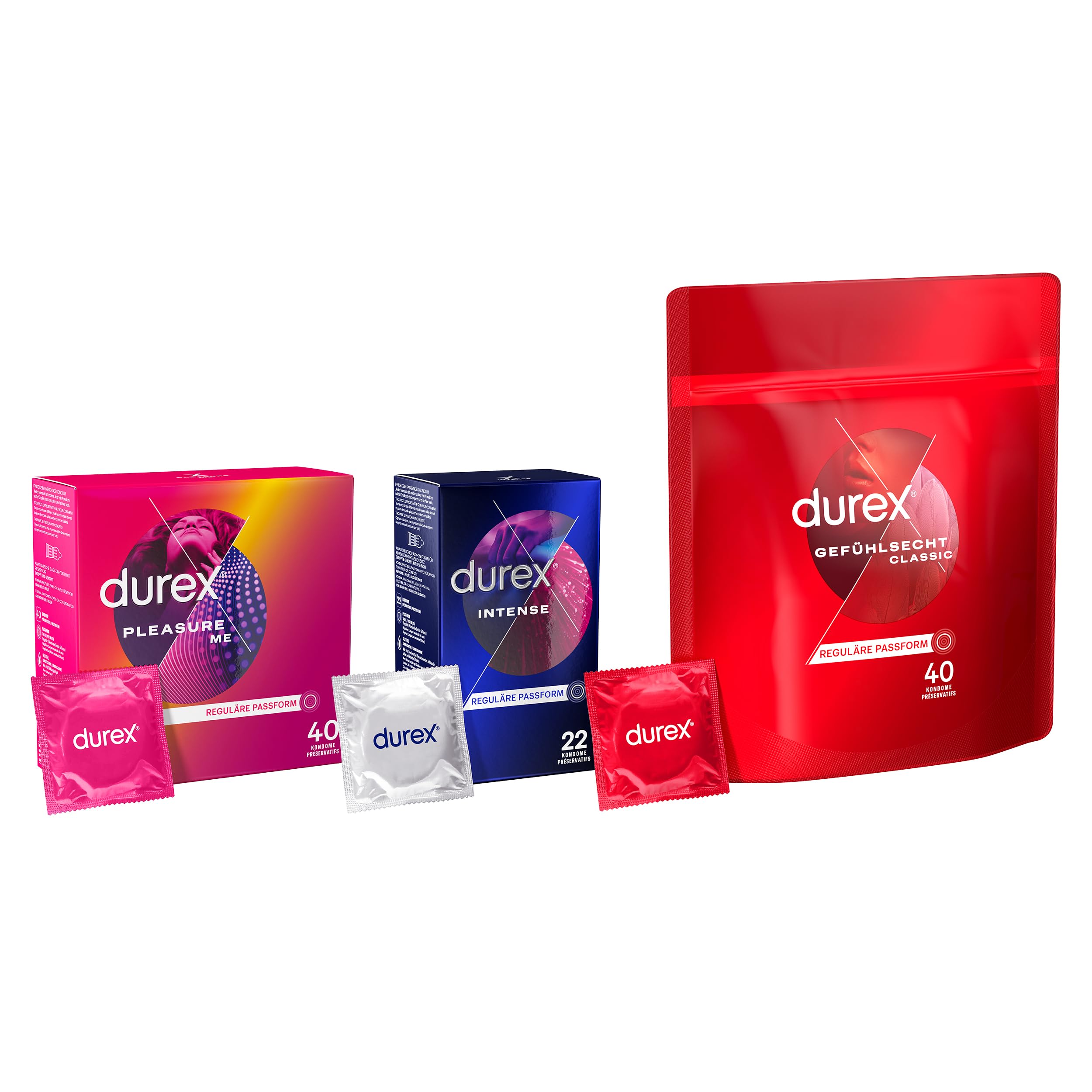 Durex Ausprobier-Set mit Pleasure Me Kondome 40 Stück & Intense Orgasmic Kondome 22 Stück & Gefühlsecht Classic Kondome 40 Stück