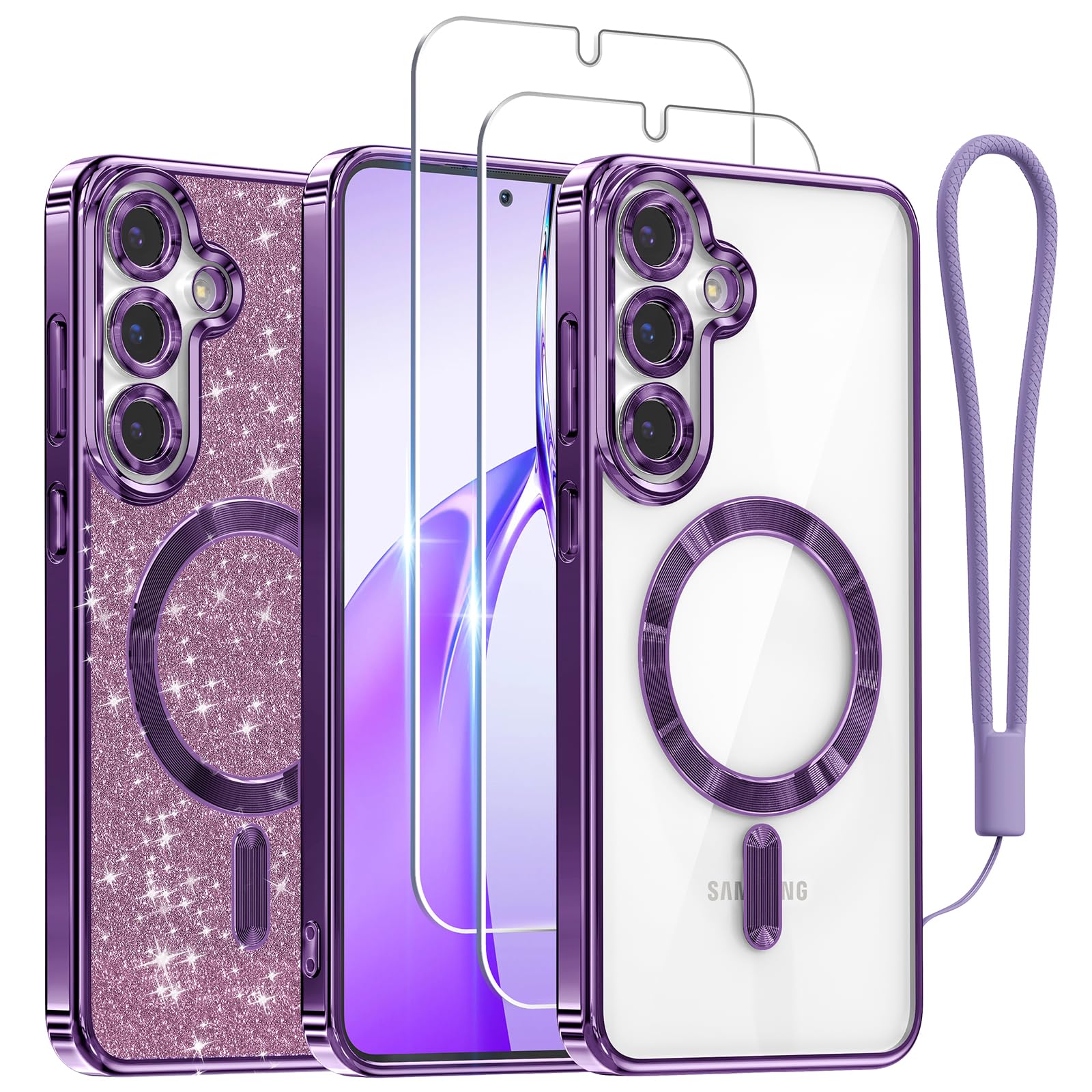 Meifigno Case Designed for Samsung Galaxy S25 6.2 inch, [Compatible with MagSafe] [2X HD Screen Protectors] [Glitter Card & Wrist Strap] Surround Lens