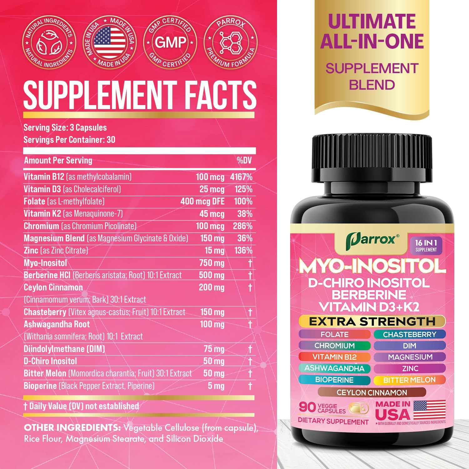 Myo-Inositol Supplement with D-Chiro Inositol, DIM, Berberine, Vitamin D3 + K2, Methylated B12, Chromium, Ceylon Cinnamon, Zinc, Ashwagandha, Chasteberry, Magnesium, Bioperine, Bitter Melon (2 Pack)