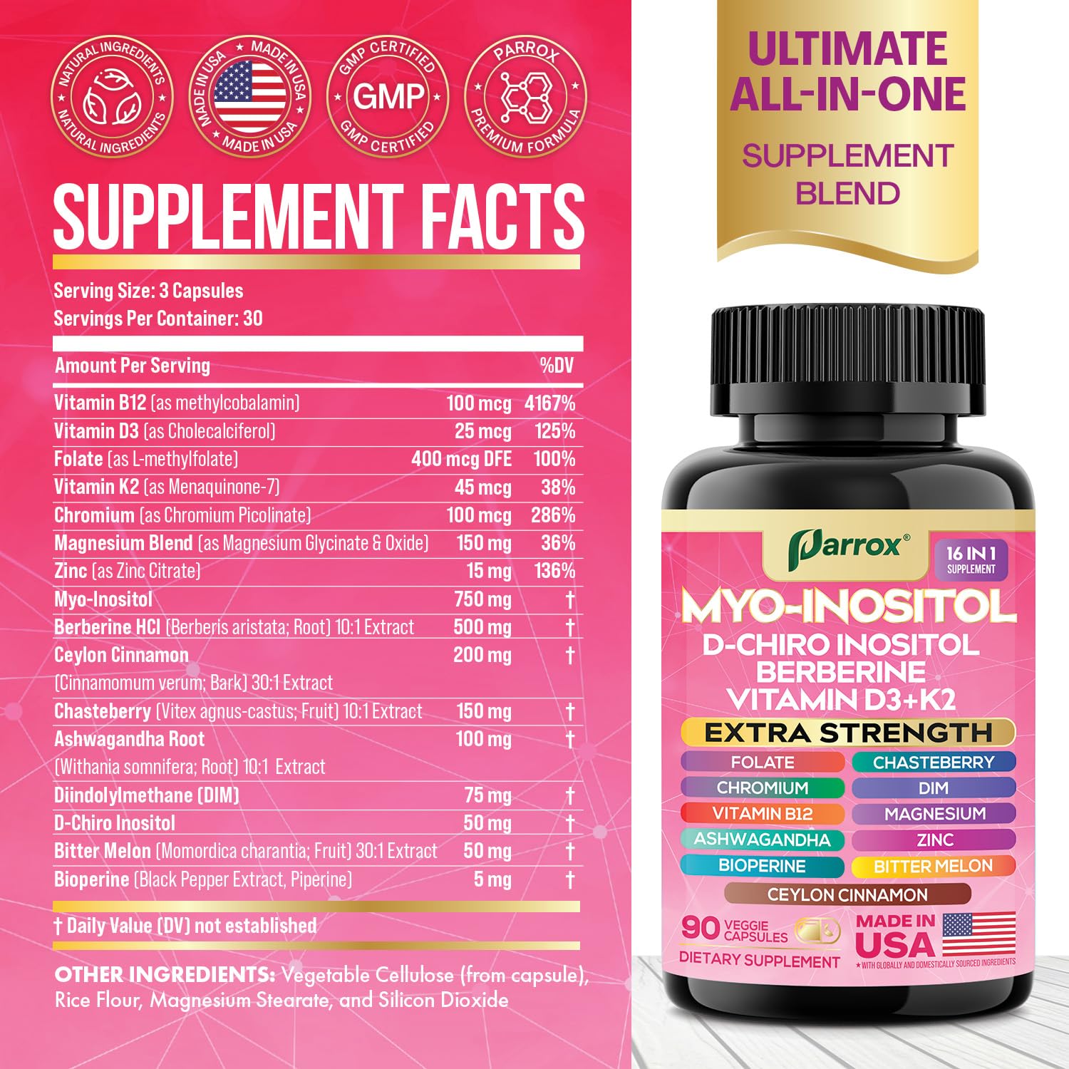 Myo-Inositol Supplement, 15-in-1 D-Chiro & Folate, 90 Vegan Capsules — Amazon image 2