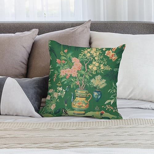 Miniatura 4 de Funda de almohada tradicional de jarrón Ming verde chinoiserie, funda de cojín asiática de 18 x 18 pulgadas, funda de almohada decorativa de jarrón
