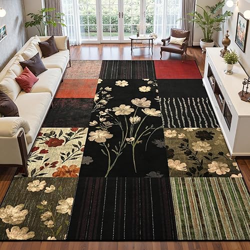 DweIke Washable 6x9 Area Rugs for Living Room, Large Modern Geometric Floral Bedroom Rug, Non Slip and Stain Resistant Low Pile Throw Carpets for Dining Room Home Hardwood Floor Decor, Black