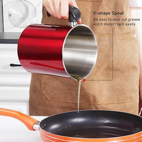 Miniatura 6 de Tellshun Recipiente de grasa de tocino con colador de 1.8 L  60 oz de acero inoxidable para cocinar aceite rojo con tapa y bandeja mango de fácil