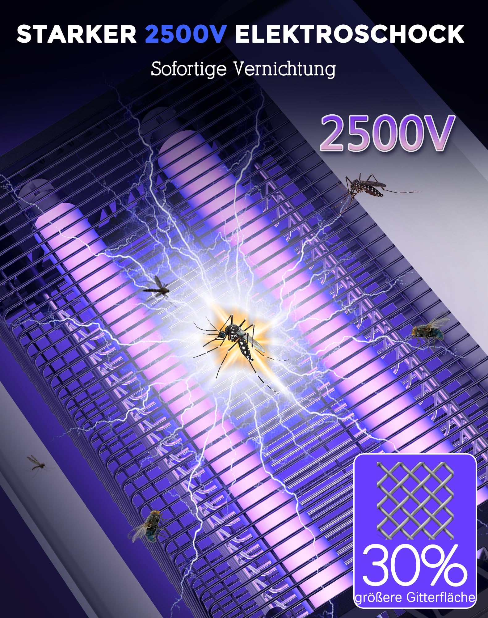 Insektenvernichter Elektrisch 2500V UV Fliegenfalle 20W, 100㎡ Abdeckung Mückenlampe mit V0 Flammschutz, Lautlose Mückenfalle Elektrisch für Innen und Aussen, Schlafzimmer, Büro