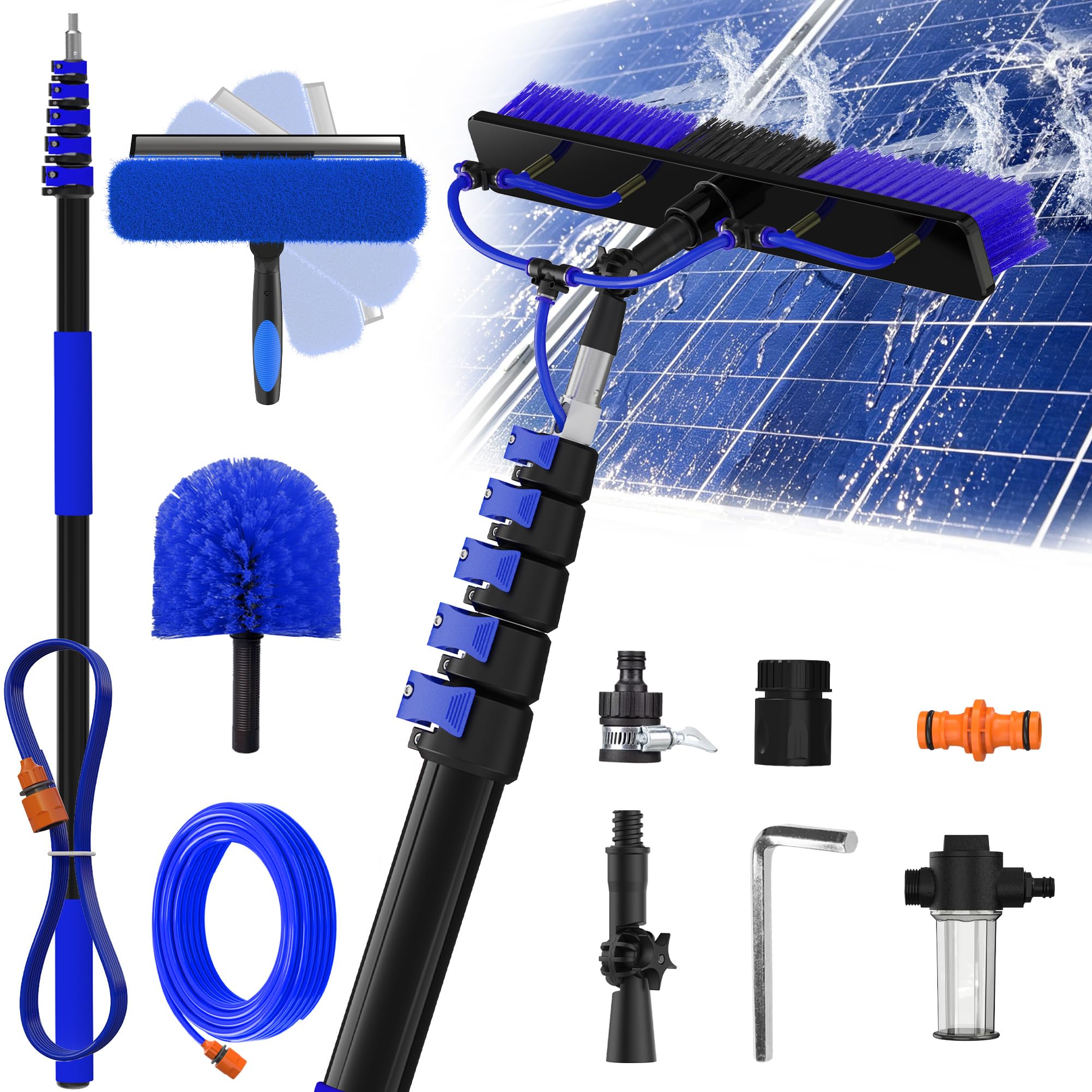 Buyplus 30FT Reach Solar Panel Cleaning Brush Kit with 5-24FT Telescoping Pole, Water Fed Window Cleaner Tool with 20" Brush, Soap Dispenser, Cobweb Duster, Squeegee for Roof, RV, Gutter, Deck,Blue