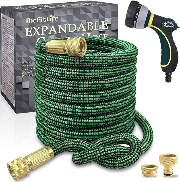 TheFitLife Expandable Garden Hose Pipes - EU Standard Strong 13-Layer Latex Inner and Solid Brass Fittings 3 Times Expanding Flexible Water Hose Kink Free Easy Storage Nozzle Contains (22m)