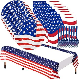 4th of July American Flag Dessert Paper Plates Tableware Set - Patriotic Party Supplies Disposable Napkins Tablecloth for for Veterans Day Election Day 4th of July Independence Day Decorations