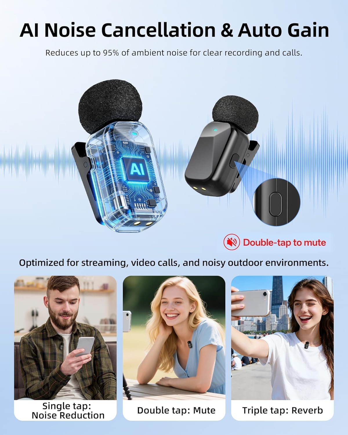 Mini Wireless Lavalier Microphone for iPhone Android Camera, Dual Channel Wireless Microphones with AI Noise Cancellation, 328ft Range, 36H Battery Case, Type-C, Lightning & USB Plug & Play - Image 6