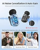 Vista 6 de Mini micrófono inalámbrico Lavalier para iPhone y cámara Android, micrófonos inalámbricos de doble canal con cancelación de ruido AI, rango de 328