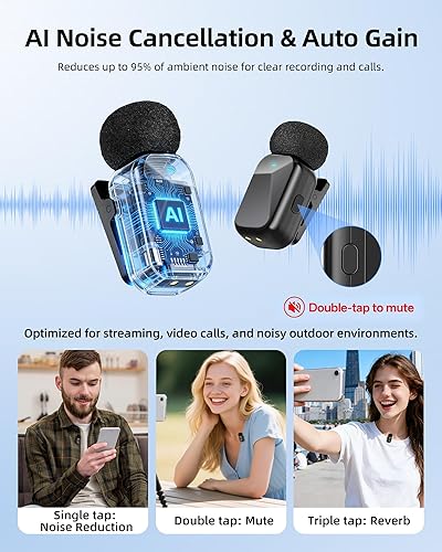 Miniatura 6 de Mini micrófono inalámbrico Lavalier para iPhone y cámara Android, micrófonos inalámbricos de doble canal con cancelación de ruido AI, rango de 328