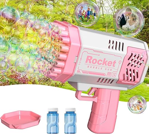Pistola de burbujas, pistola de burbujas de bazooka de 40 agujeros, pistola de burbujas eléctrica, equipada con 2 botellas de líquido de burbujas,