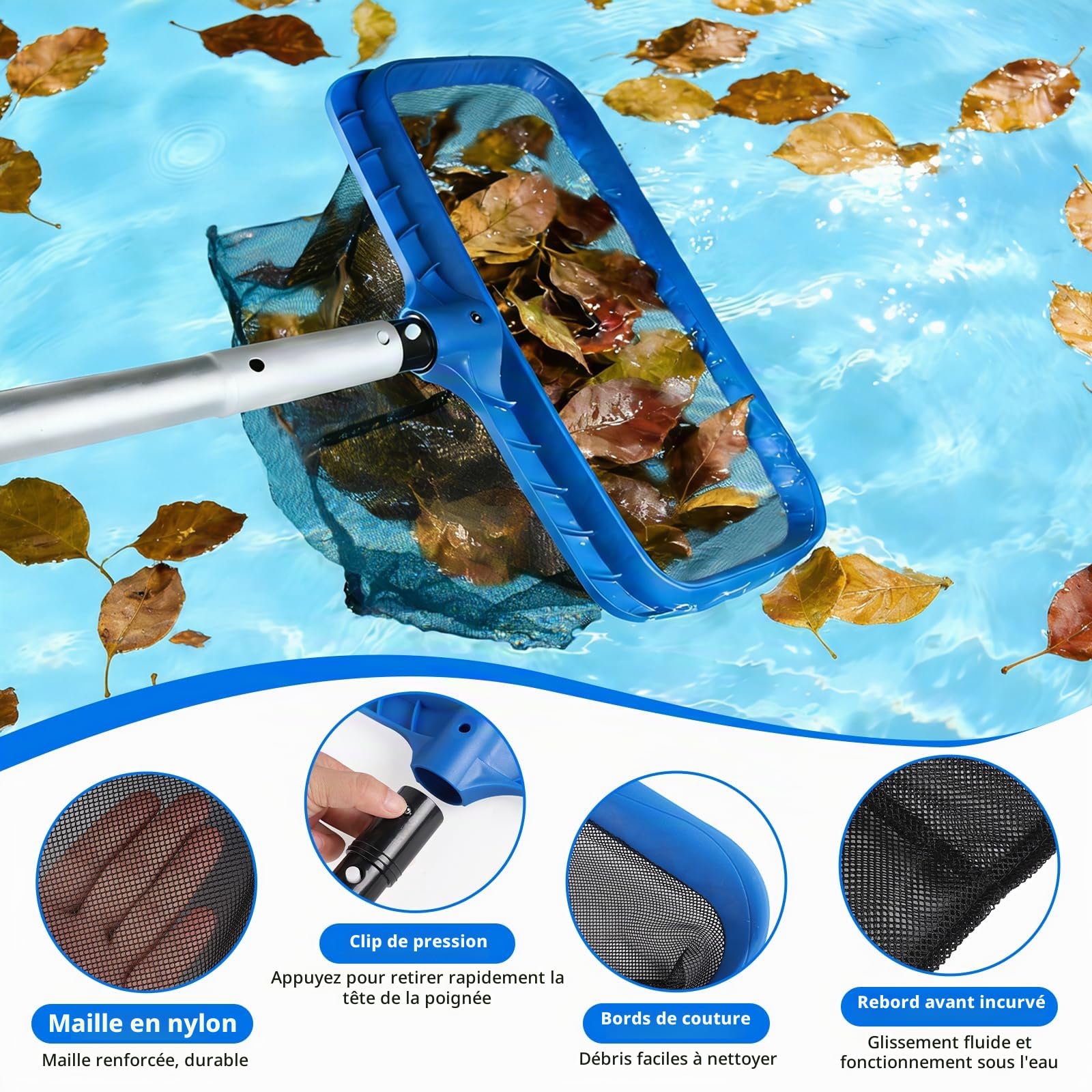 Épuisette de Fond pour Piscine, Filet de Nettoyage avec Manche réglable 2,8m Filet pour Piscine, épuisette pour étang, Spa - Type C (Cadre Bleu Plastique - Filet Noir Grossier Profond)