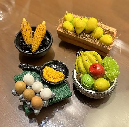 Bumbleberry Egg, Corn, Mango and Fruit Basket Combo Miniature 3D Food Fridge Magnet | Set of 4 | Kitchen Decor | Handmade in India | 3D Fridge Magnets | Best for Gifting