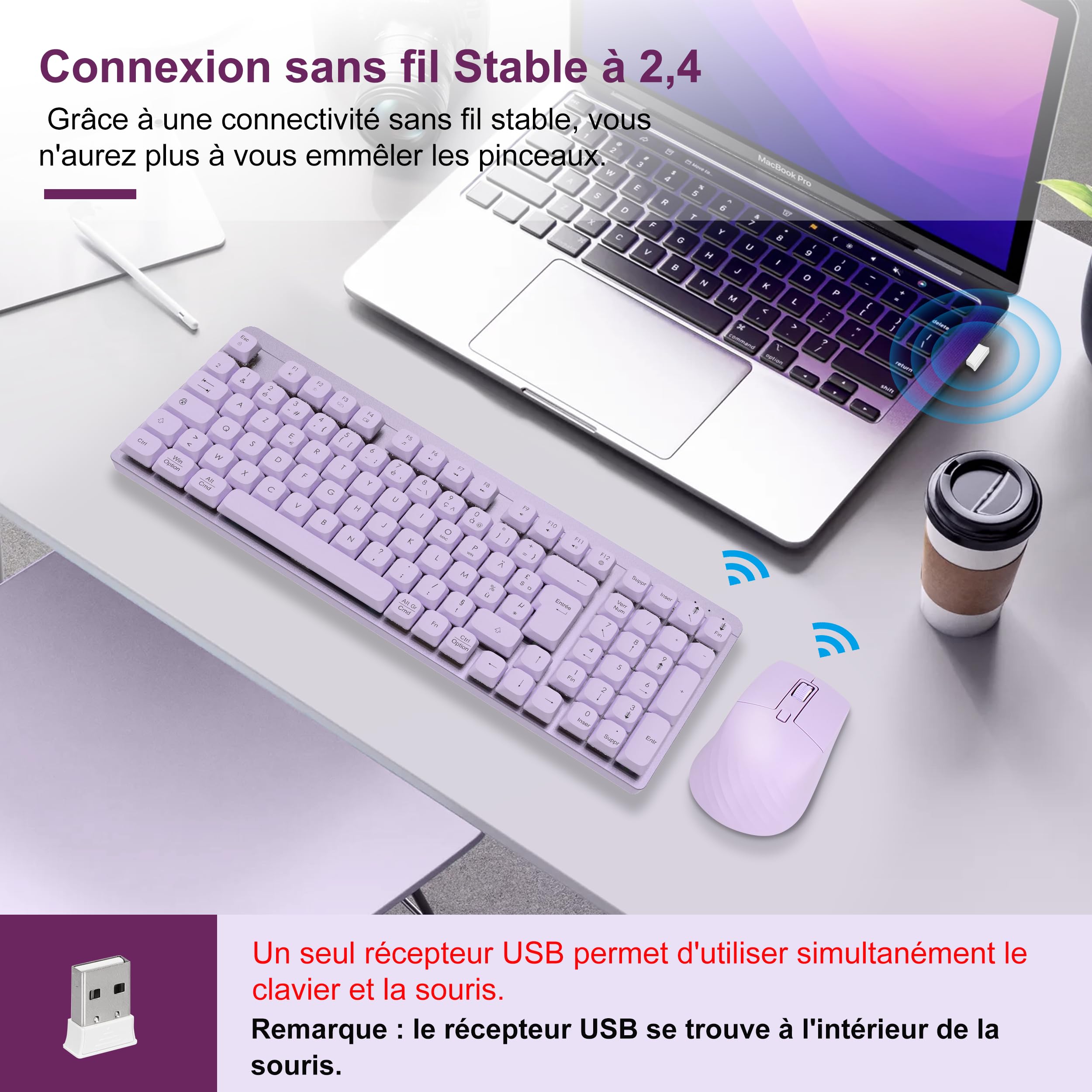 LeadsaiL Clavier Souris Mécanique sans Fil, FA98 Low Profile Ensemble Clavier et Souris avec Interrupteur Rouge, Français AZERTY, Connexion 2.4Ghz, 98 Touches for Windows MacOS Computer PC-Pourpre