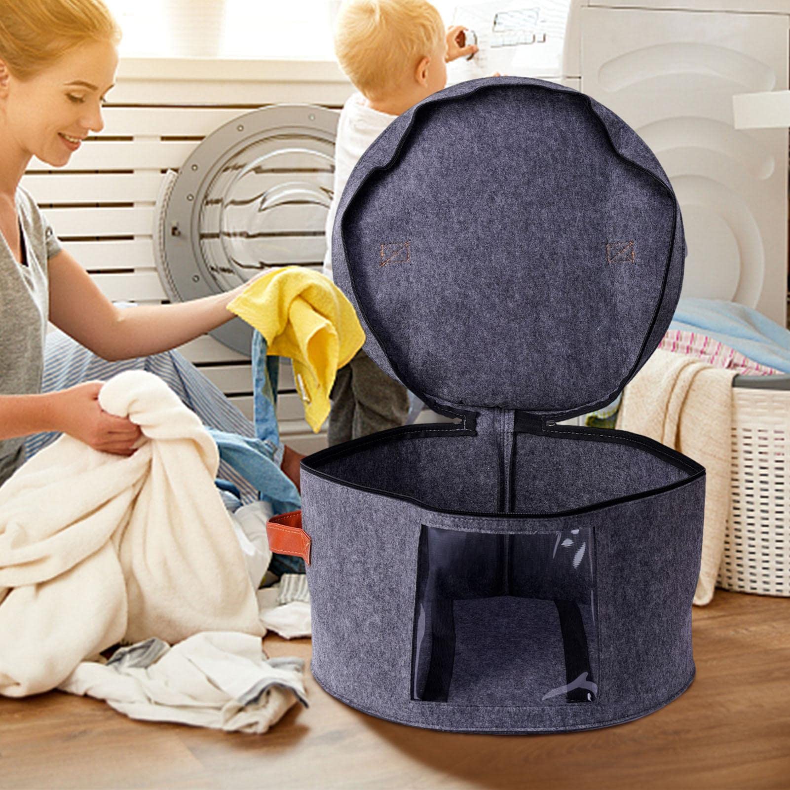 2 cajas redondas con tapa, gran maletín, pop up sombrero, caja de almacenamiento, organizador redondo transparente, organizador de armario decorativo, 43 cm, gris y negro