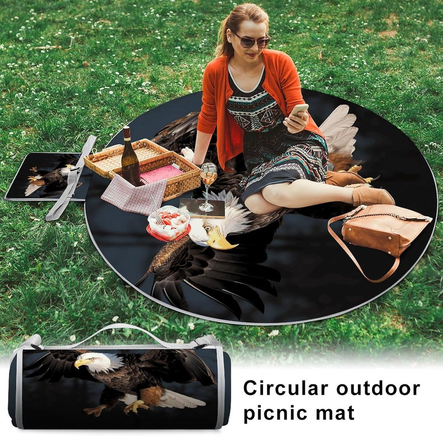 3D Bald Eagle Picnic Mat Lightweight Waterproof Picnic Blankets Extra Large Picnic Outdoor Blankets Foldable Sandproof Beach Blanket for Park Beach Camping Courtyard 58.3''x58.3''