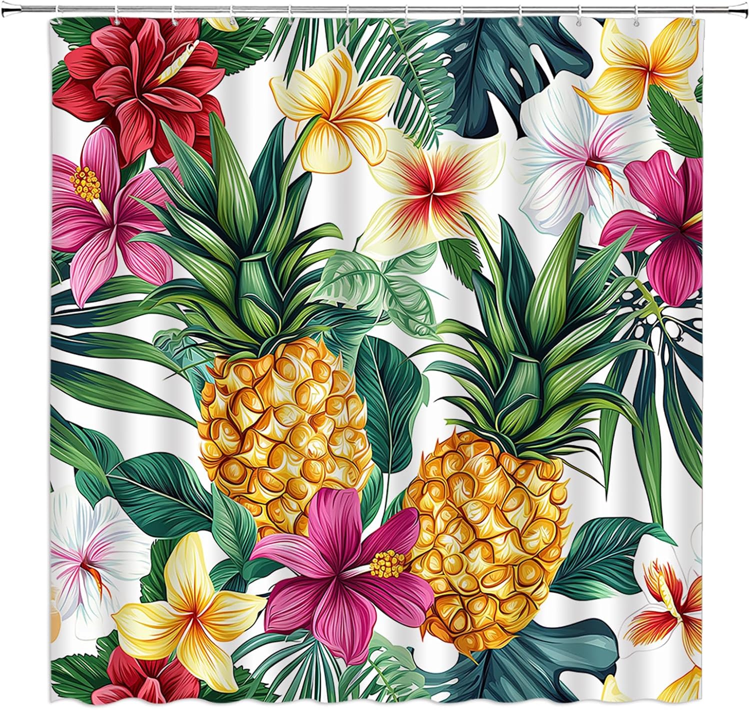 Pineapple Shower Curtain Yellow Tropical Fruit Pineapple Green Tropical Palm Leaf Colorful Flower Watercolor Summer Nature Plant Fabric Bathroom Decor Curtain with Hooks