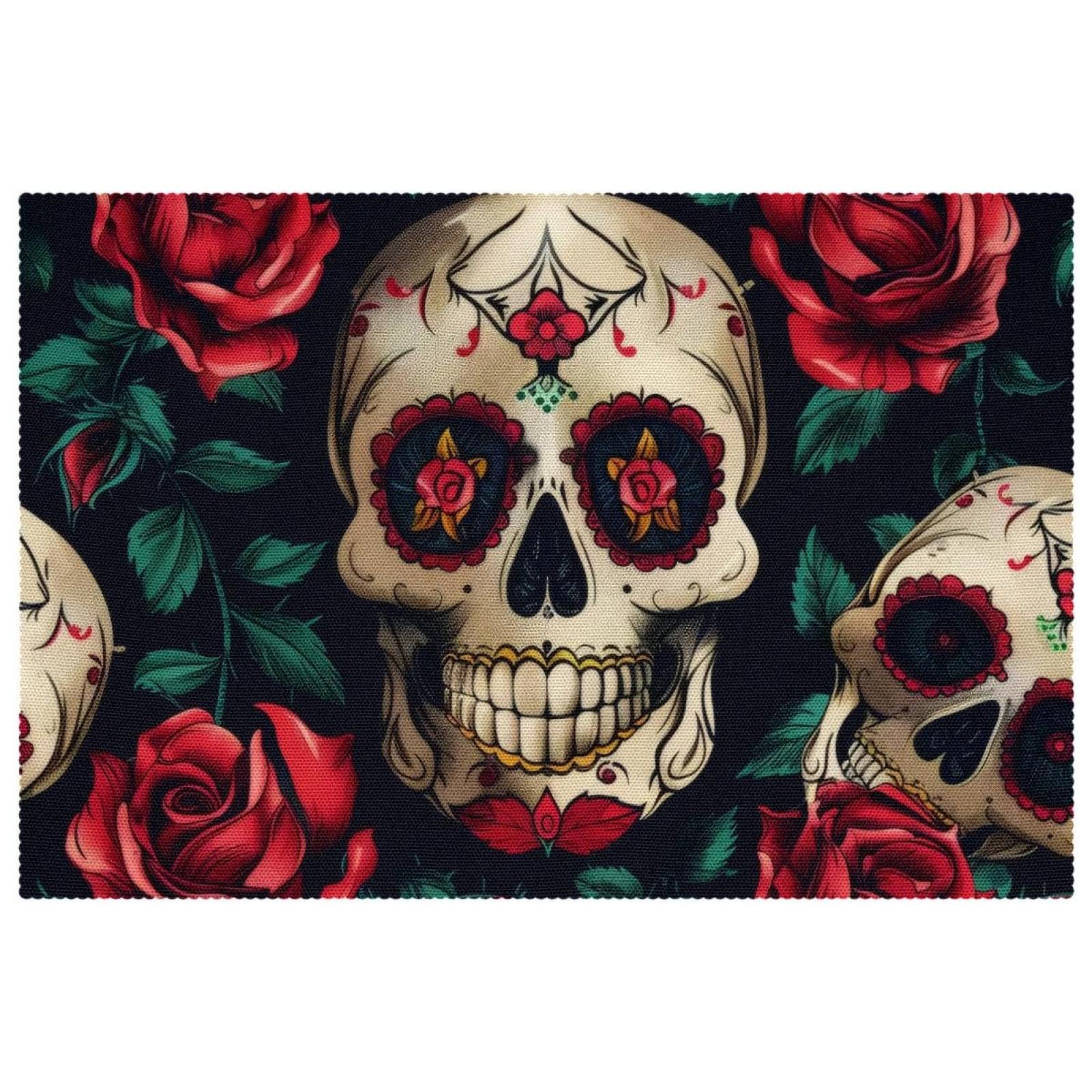 Set de table résistant à la chaleur de haute qualité motif tête de mort rose rouge