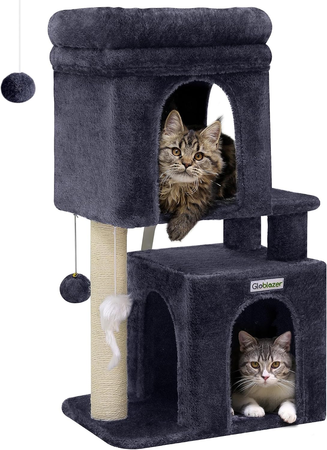 Globlazer F31 Cat Tree Small, 31 inches Short Cat Tree with Sisal-Covered Scratching Posts Kitten Tree for Indoor Cat Condo with Top Perch 2 Caves and Dangling Toys for Small Spaces, Dark Grey