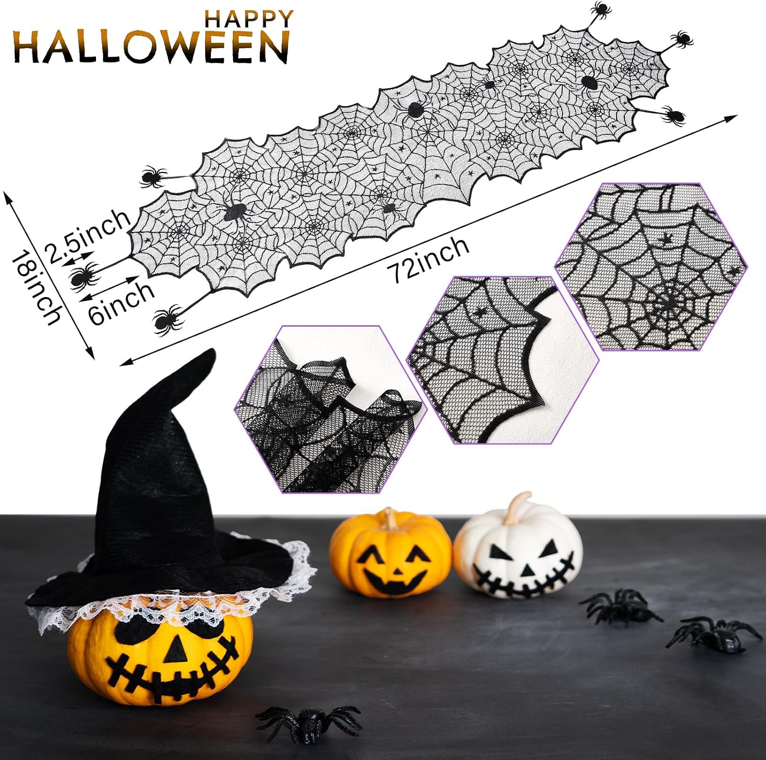 18 x 72 Inch Halloween Table Runner Black Lace Spider Web Decor