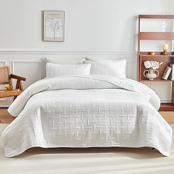 ZIQINPSQ Full Quilt Bedding Set White Microfiber Bedspread Modern Style Quilt Cover Set with 1 Quilt Set and 2 Pillow Shams for All Seasons White, Full
