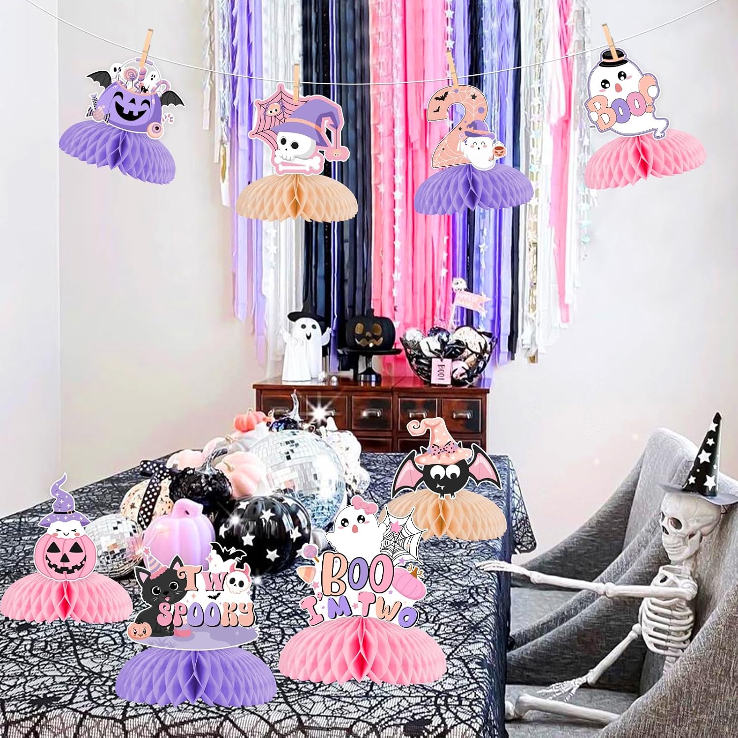 Pink Purple Halloween 2nd Birthday Decorations Girl 8pcs Halloween 2nd Birthday Honeycomb Centerpieces Table Decoration Two Spooky Birthday Decoration Table Topper Halloween Second Birthday