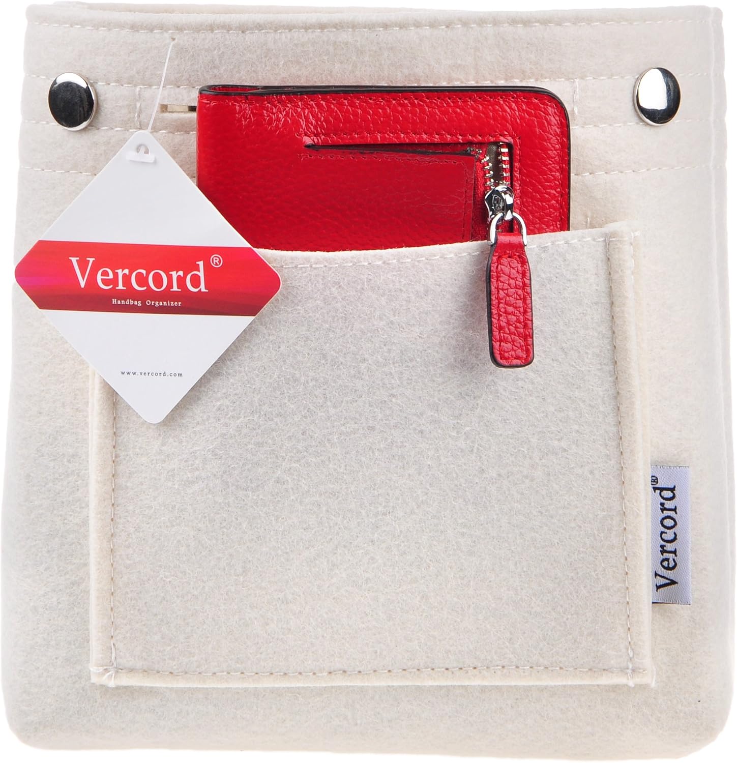 Vercord Mini Slim Small Felt Purse Organizer Insert Inside Handbag Tote Pocketbook for Women White