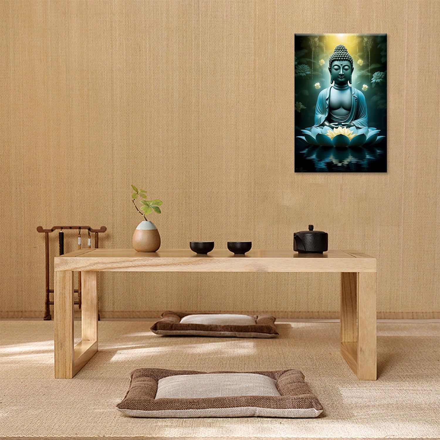 MODOJOART Buddha Canvas Wall Art, Blue Buddha on the Lotus Throne Poster Painting Zen Inspirational Buddha Picture Print for Living Room Buddhist Meditation Room Decor(Artwork-03, 12"x18")