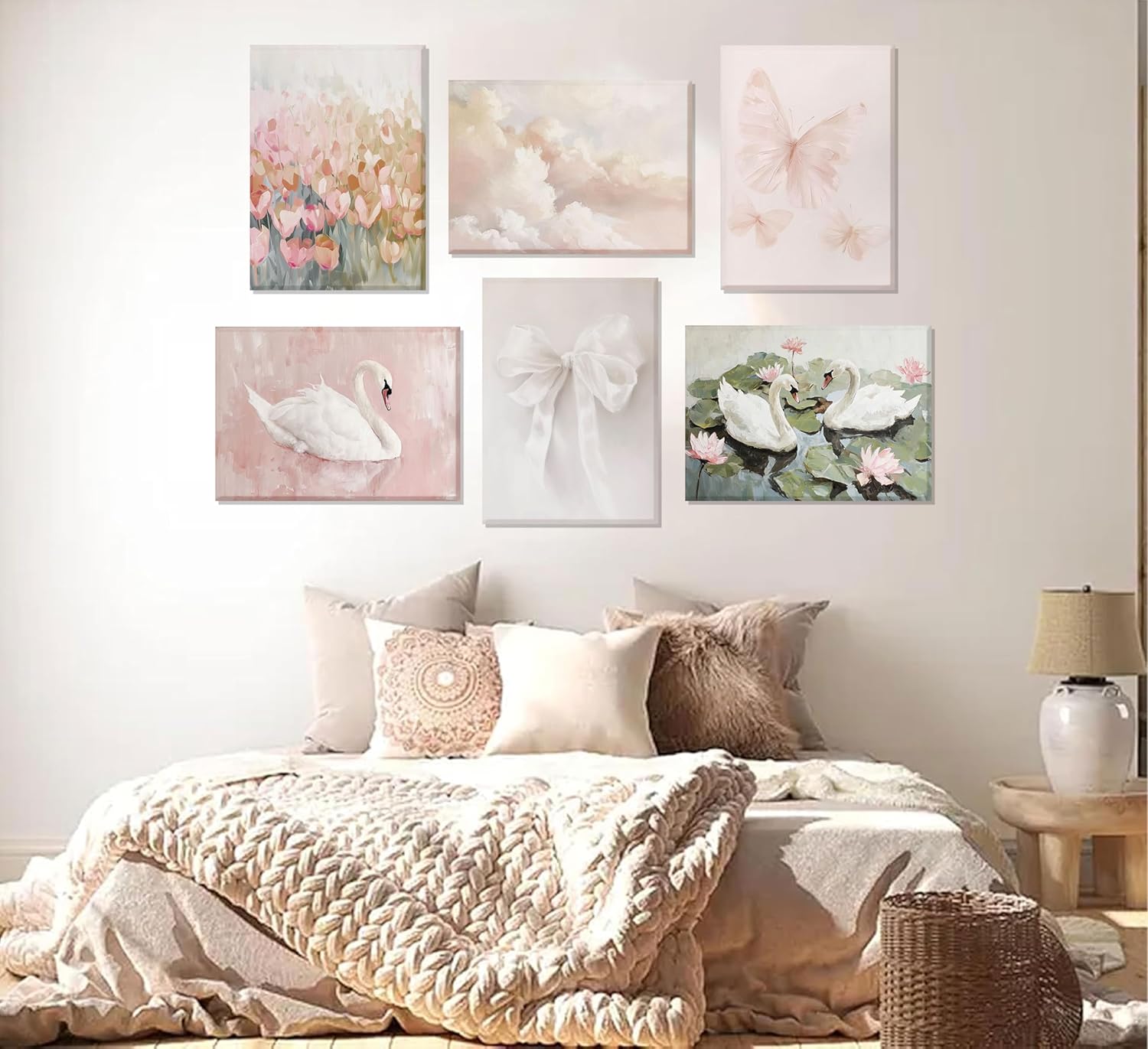 6Pcs Coquette Wall Art Pastel Pink Trendy Canvas Bow Posters White Swan Preppy Painting Butterfly Pictures Aesthetic Floral Prints Nursery Wall Decor for Teen Girls Bedroom College Dorm Framed