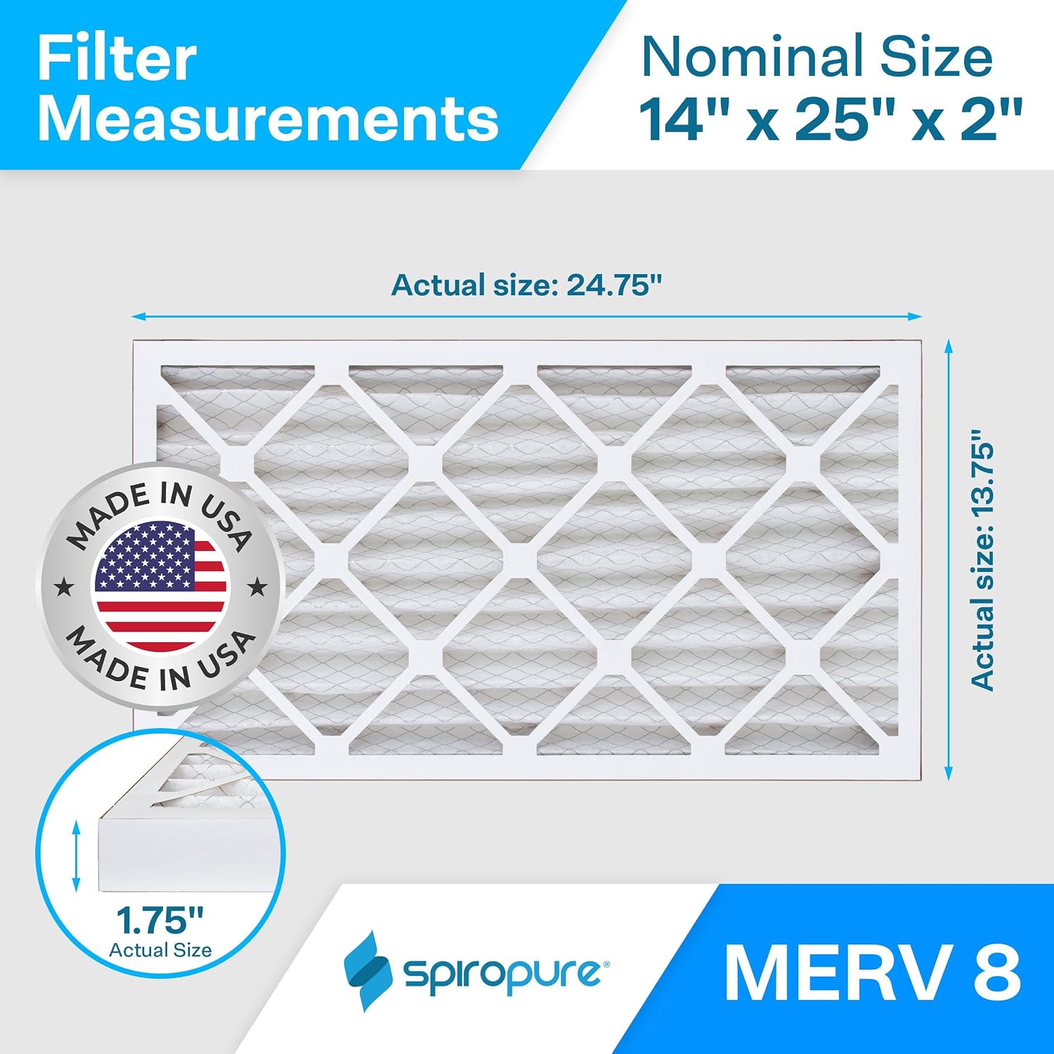 SpiroPure 14X25X2 MERV 8 Pleated Air Filters - Made in USA (6 Pack)