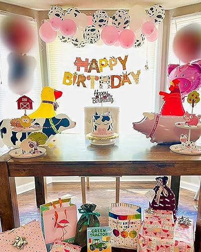 Vista 5 de JeVenis Cartel de decoración de cumpleaños de animales de granja, suministros de fiesta, cerdo, caballo, chiken, vaca, globos, cupcakes, adornos