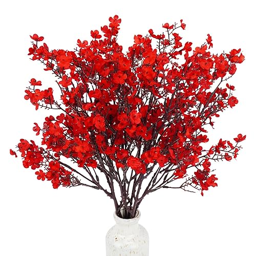 Uieke 6 Pcs Babys Breath Artificial Flowers Bulk Silk Red Faux Flowers Real Touch Gypsophila Bouquet for Christmas Halloween Home Wedding Decoration - Red - 6PCS