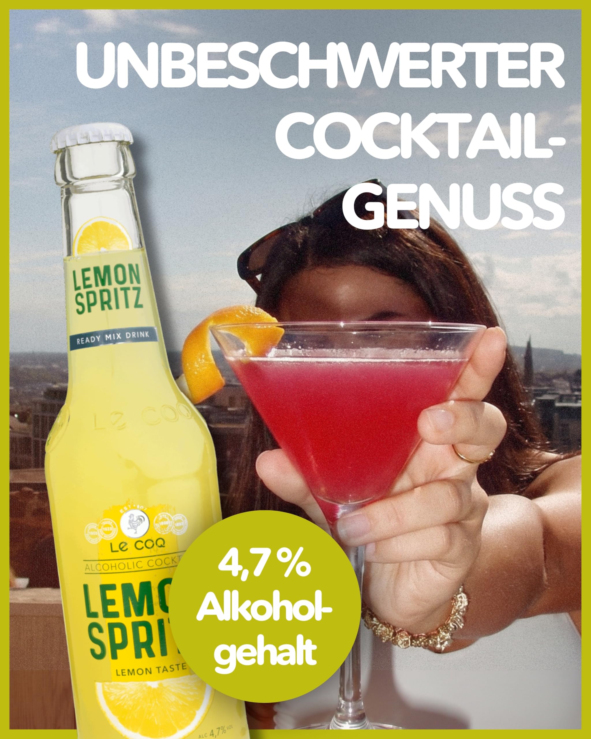 Le Coq Lemon Spritz RTD | 24 x 0,33 L | 4,7% Vol. | Erfrischender Lemon Spritz Cocktail fertig gemixt | Belebender Genuss mit Zitrone, spritzig & leicht | Gekühlt genießen perfekt für Unterwegs
