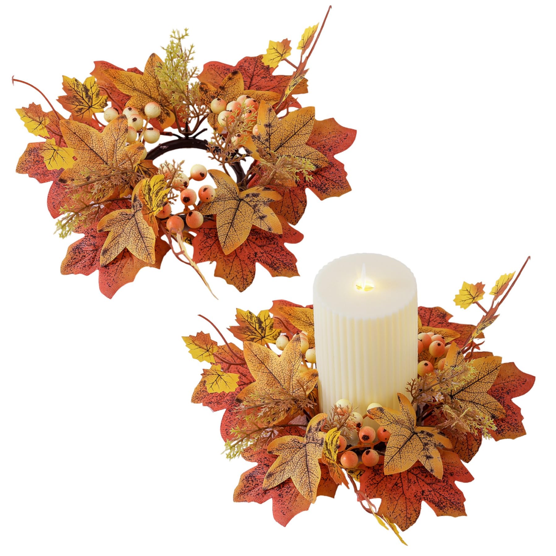 Couronne De Bougies Automne Avec Feuilles D'érable Artificielles - Diamètre 25 Cm - Pour Bougies Piliers De 7,6 Cm - Déco Thanksgiving, Halloween, Noël - 8