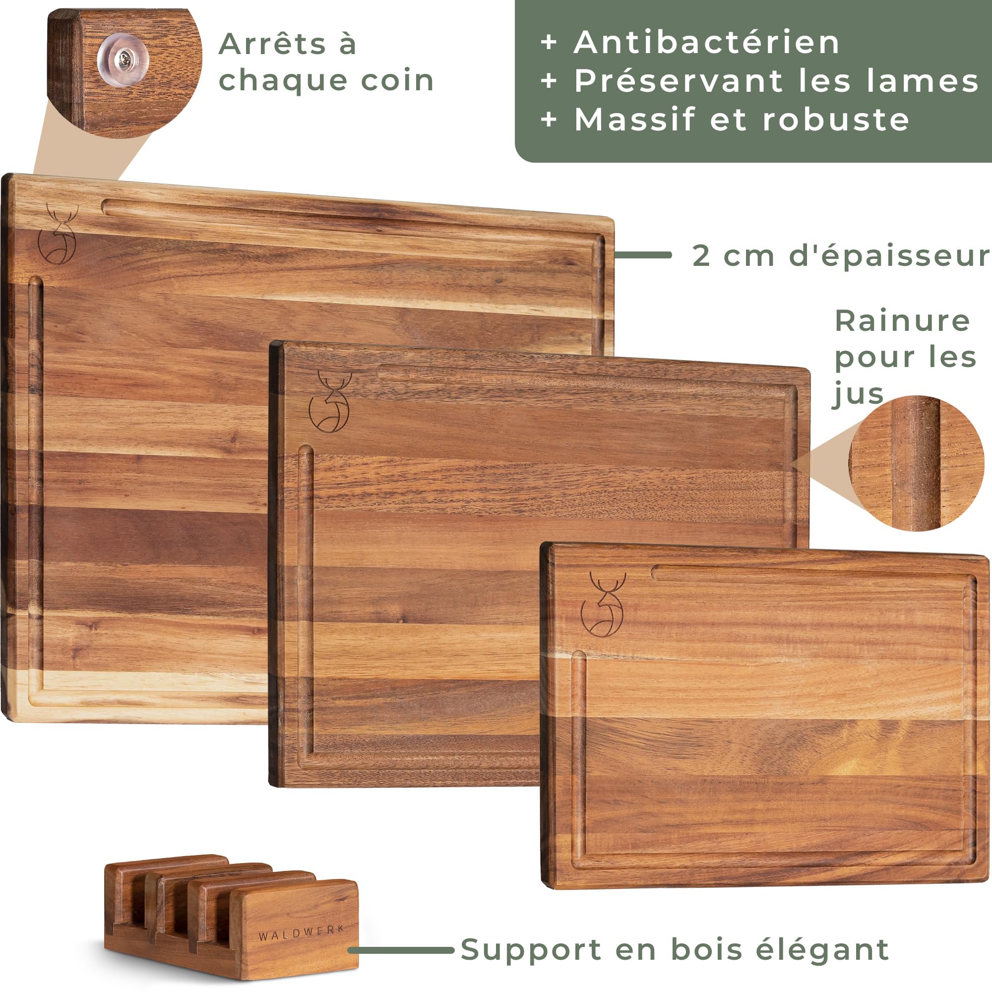 WALDWERK 3 Planches à Découper (40x30 / 33x24 / 26x18cm) en Acacia Massif - Plances à Découper en Bois - Planches de Bois de 2cm d’Épaisseur - Planches à Découper avec Design Élégant