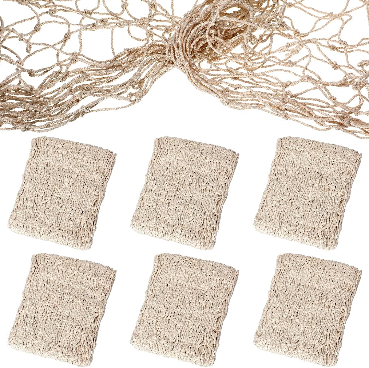 Shappy Paquete de 6 Redes de Pesca Decorativas para Fiesta Náutica de Sirena Pirata (Beige) | Decoración colgante de pared, tema Ocean Beach, red de pesca a granel, camino de mesa de rejilla decorativo, algodón beige natural